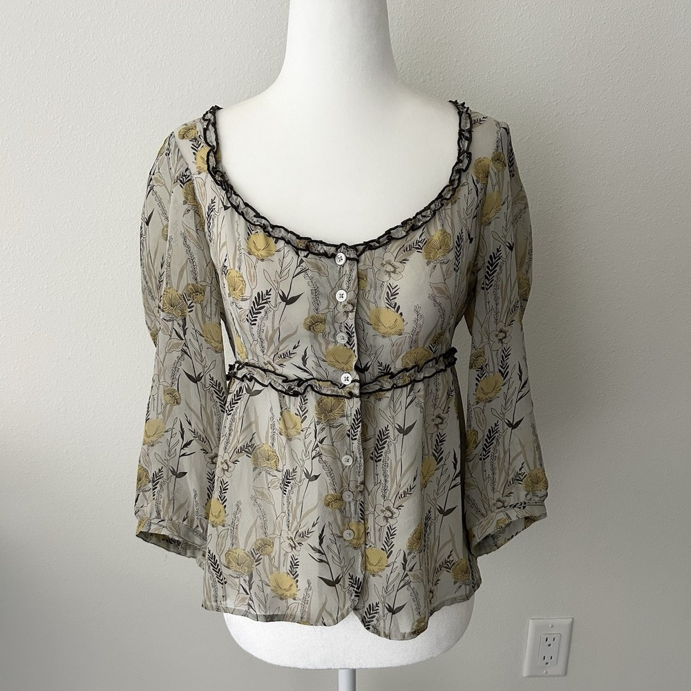 Anthropologie Floral Silk Babydoll Top Ruffle Detail Cottagecore Coquette Twee